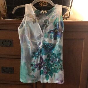 Spy Zone Floral Sleeveless Top - Multicolor stretchy sheer rhinestone buttons